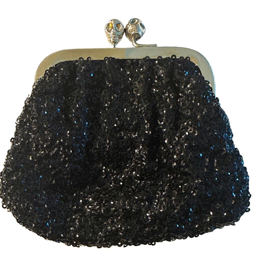 Betsey Johnson Women’s Goth Black Sequin Skull Kiss Lock Folding Coin Wallet